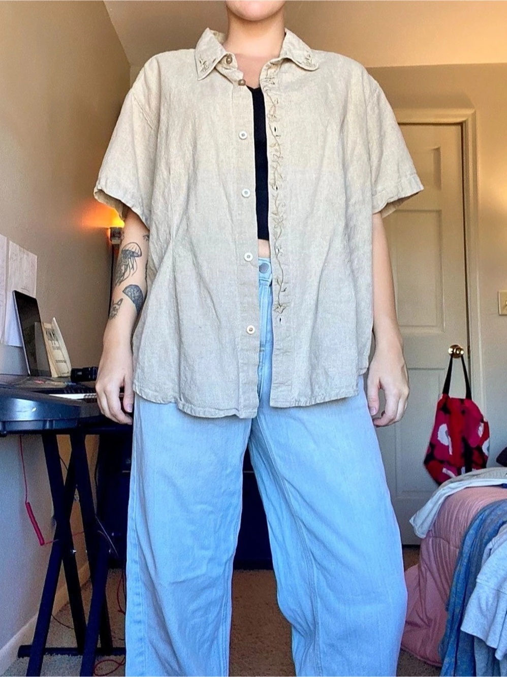 Cherokee Linen Blend Embroidered Button Down in Gray Medium